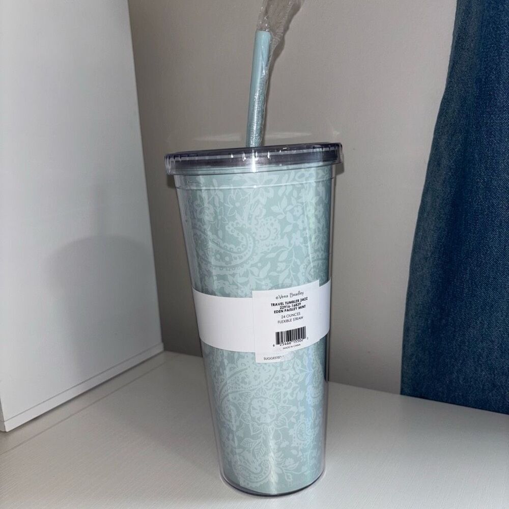 Vera Bradley Eden paisley mint travel tumbler 24oz flexible straw new - Picture 2 of 7